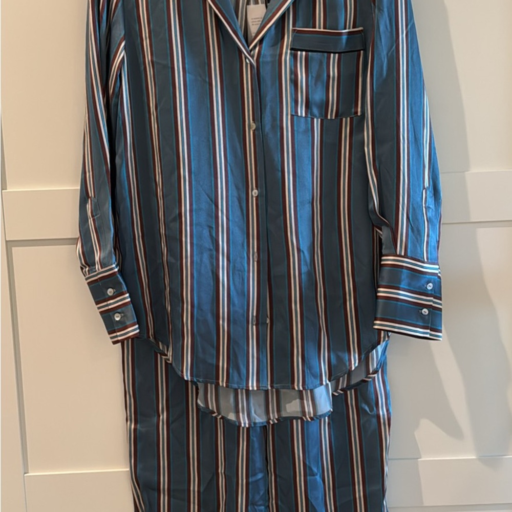 Blue and White Striped Pajama Set with Long Sleeves